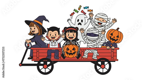 Halloween Cart Parade: An charming illustration capturing a lively Halloween parade with children, a witch, a vampire, a mummy, and a ghost, all cheerfully riding in a festive cart.