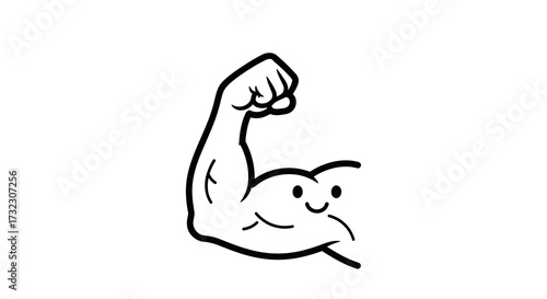 Stylized muscular arm with a smiling biceps expressing strength and cheerfulness in vector outline