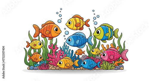 Vibrant aquatic life depiction featuring a colorful array of fishes and lush vegetation