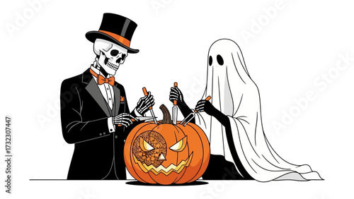 Spooky Carving: A dapper skeleton and a friendly ghost carve a pumpkin together. An eerie and charming illustration for the Halloween season. 