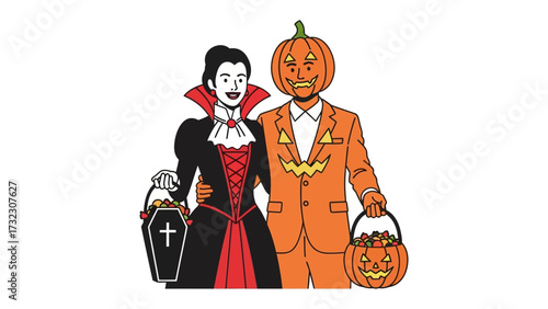 Halloween Couple Costume: A captivating illustration of a couple in elaborate Halloween attire, embracing the festive spirit with creative costumes and cheerful demeanor.