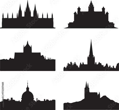 Black silhouettes of various architectural structures and landscapes