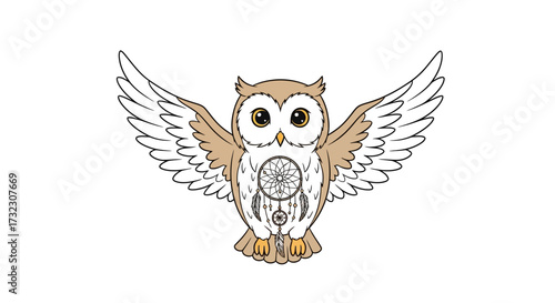 Whimsical owl with spread wings and dreamcatcher symbol in illustration style