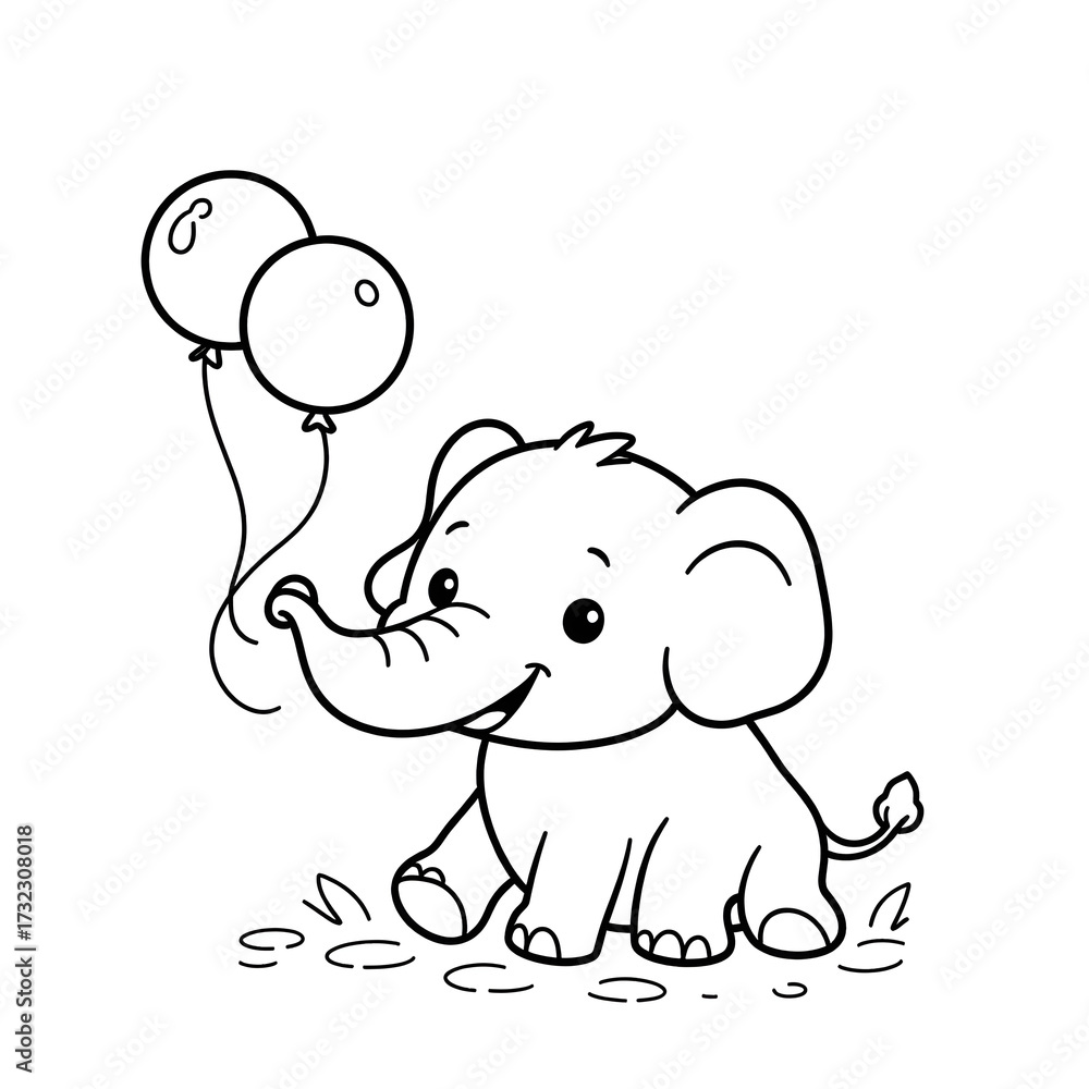 Obraz premium Cute baby elephant holding balloons in a simple line drawing style