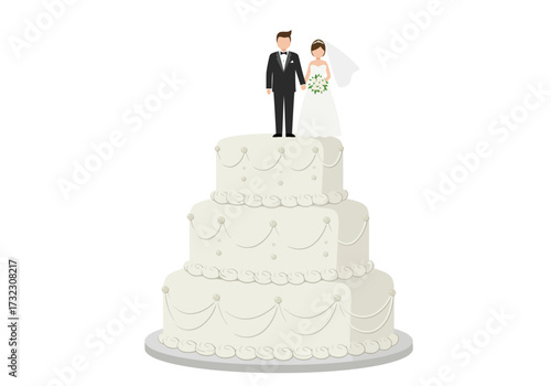 Wedding Cake Topper Featuring a Bride and Groom in a Sweet Embrace on a Three Tiered Cake