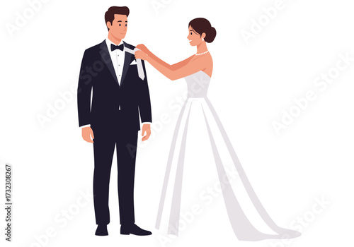 Vector Illustration of a Bride Adjusting Groom's Bow Tie Before Their Wedding