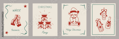 Wallpaper Mural Hand drawn la dolce vita Christmas doodles. Vector illustration cards icon with bows, bottles and wine. Minimalist winter line art for invitations, stationery, printables, social media, wall art.	 Torontodigital.ca