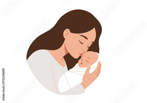 A brunette woman kisses a baby swaddled in white fabric