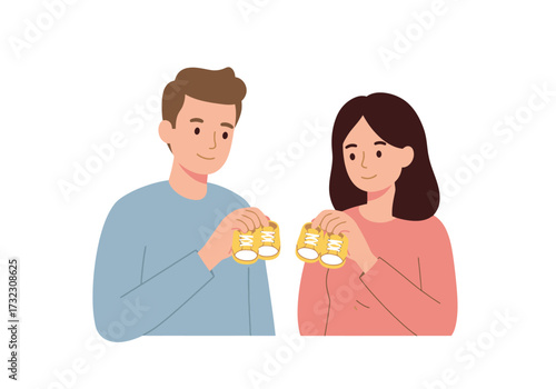 A cartoon couple hold yellow baby shoes hinting at a pregnancy announcement