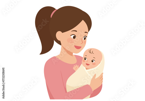 A cartoonstyle drawing shows a woman holding a swaddled baby both smiling
