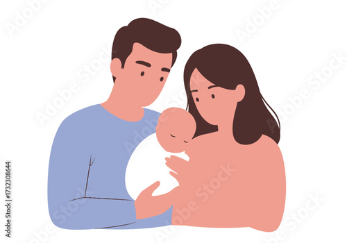 A couple cradles a sleeping baby both looking at the child with gentle expressions