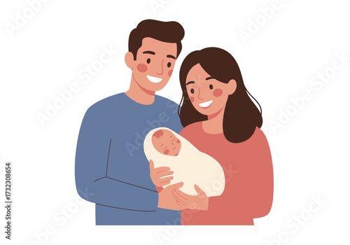 A couple holding a newborn baby all smiling with rosy cheeks