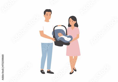 A couple holds a baby in a car seat