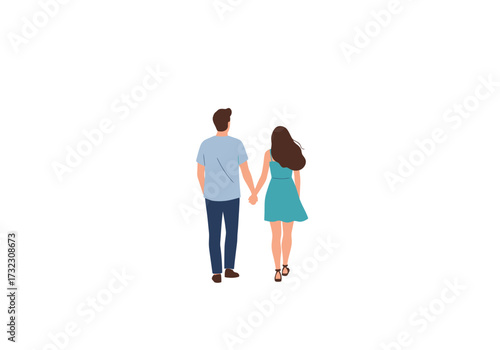 A couple holding hands from behind wearing casual clothes walking away