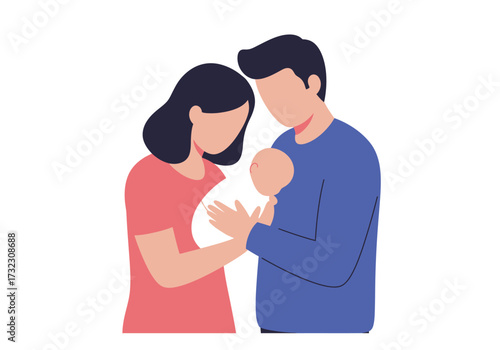 A couple holds a baby in this flat stylized illustration