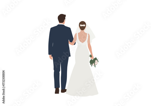 A couple walks arminarm the bride carrying a bouquet