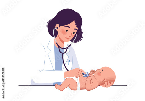 A doctor uses a stethoscope on a baby who is lying down
