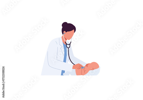 A doctor uses a stethoscope to listen to a baby on a white background