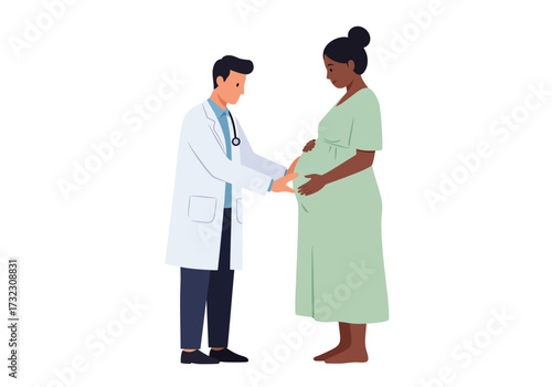 A doctor examines a pregnant woman both standing doctor in a lab coat