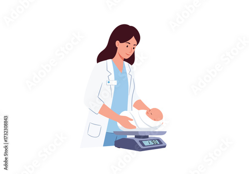 A doctor weighs a baby on a digital scale in a medical setting