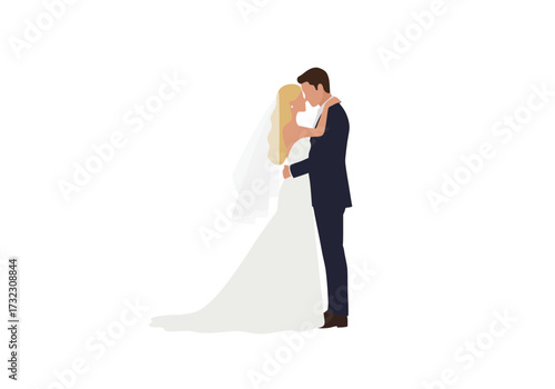 A faceless bride  groom embrace she wears a veil  white gown he a dark suit