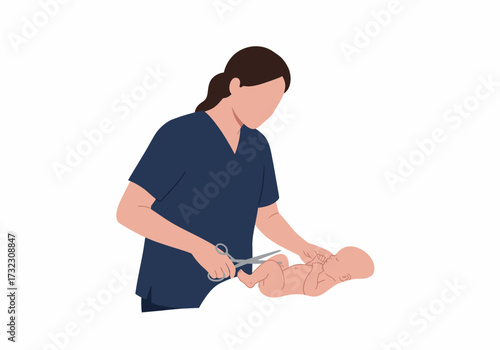 A faceless woman in scrubs cuts a babys umbilical cord with scissors