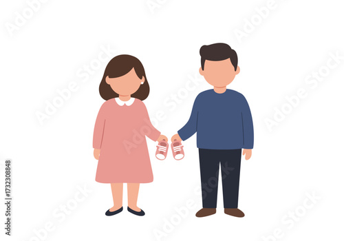A faceless couple holds pink baby shoes signaling pregnancy or a new baby