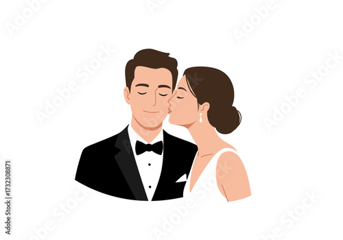 A flat illustration of a bride kissing a groom on the cheek