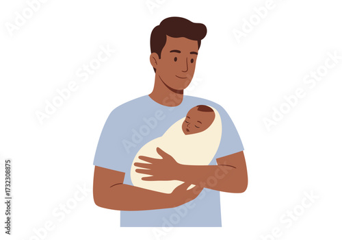 A father holding a baby wrapped in a blanket against a white background