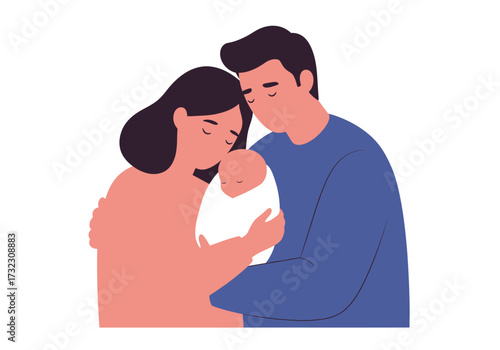 A family portrait of a father mother and newborn baby shown in a loving embrace