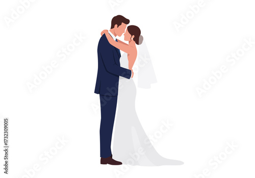 A groom in a navy suit embraces a bride in a white gown and veil