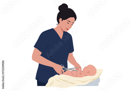 A healthcare worker uses scissors near a baby lying on a blanket