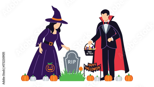 Spooky Halloween Scene: A vampire and a witch stand together near a tombstone, pumpkins scattered around.
