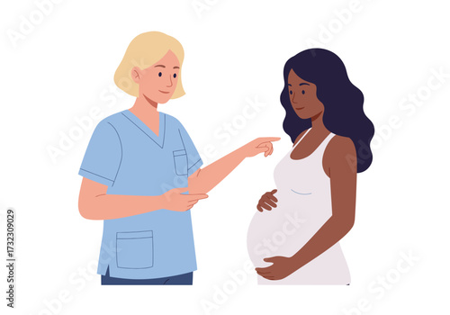 A lightskinned nurse points towards a pregnant darkskinned woman in a white tank top