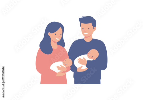 A man and woman smile holding two babies wrapped in white