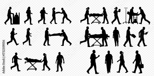 Silhouettes of diverse medical personnel and patients engaged in various actions, including transportation on stretchers and general movement.