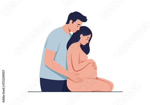 A man embraces a kneeling bare pregnant woman from behind both looking down