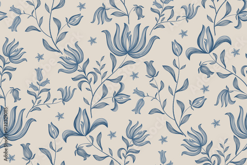 Vintage floral ethnic tapestry modern embroidery texture boho design vector illustration hand drawn silhouette indigo blue flower motif branches leaves wallpaper seamless background border.	
