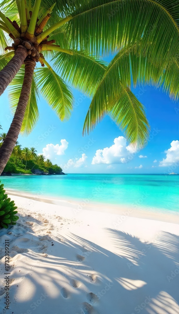 Fototapeta premium Sun-drenched white sand beach with turquoise water, lush palm trees swaying gently in the tropical breeze Perfect for relaxation and escape , vacation, tropical landscape