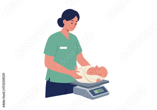 A nurse weighs a baby on a scale in a clinical setting showing the babys weight as 510