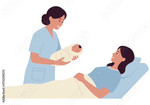 A nurse presents a newborn to a woman reclining in a hospital bed smiling