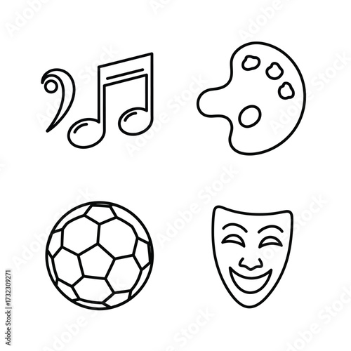 Vector line icons illustrating a diverse collection of creative, recreational, and artistic pursuits