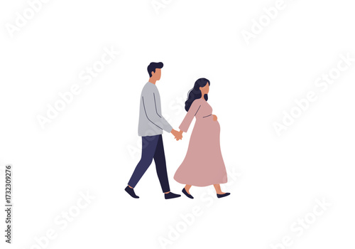 A pregnant woman and a man walk hand in hand on a white background