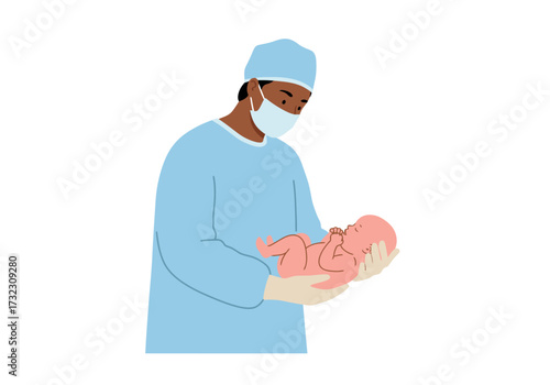 A person in scrubs gloves and mask holds a newborn infant