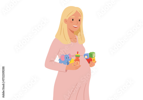A pregnant woman holding baby toys and a bottle in her arms