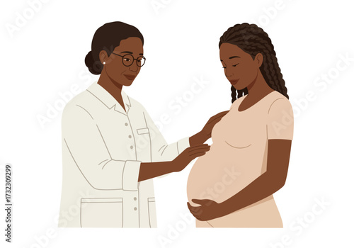 A pregnant woman being examined by a doctor both depicted in a minimalist style
