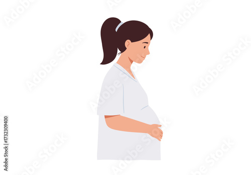 A pregnant woman in a white shirt with brown hair in a ponytail looks down and holds her belly