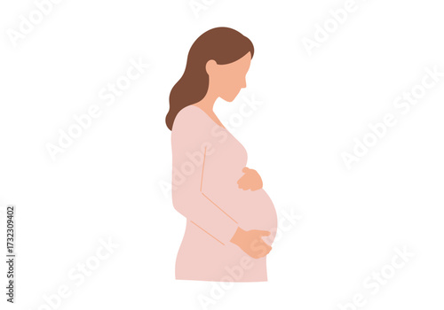 A pregnant woman in profile pale pink outfit hands on her large belly