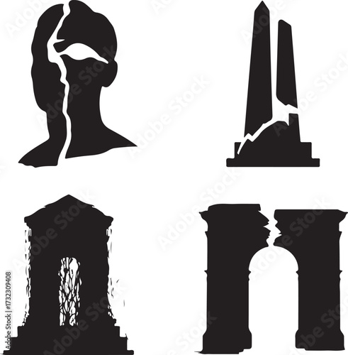 Broken ancient structures and head silhouette monument