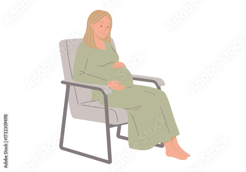 A seated pregnant woman in a long dress rests her hands on her stomach